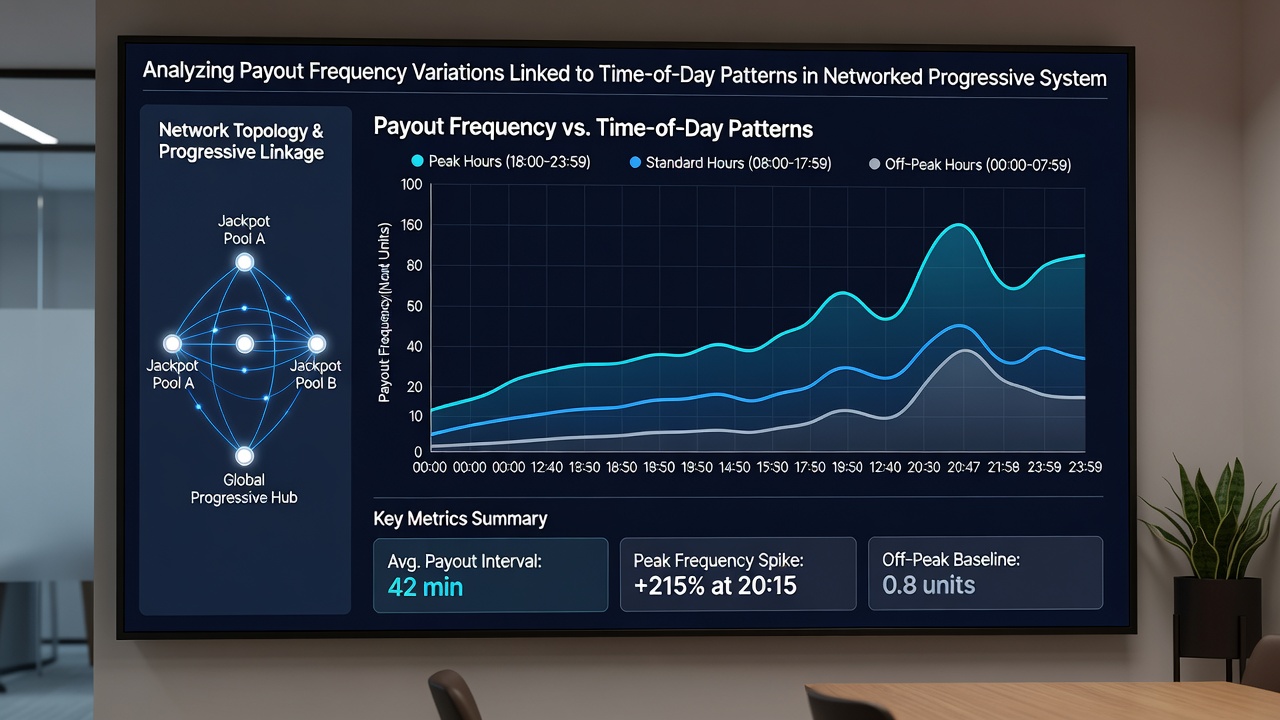 Data visualization chart displaying hourly payout frequencies for progressive systems with color-coded time segments and regional comparisons