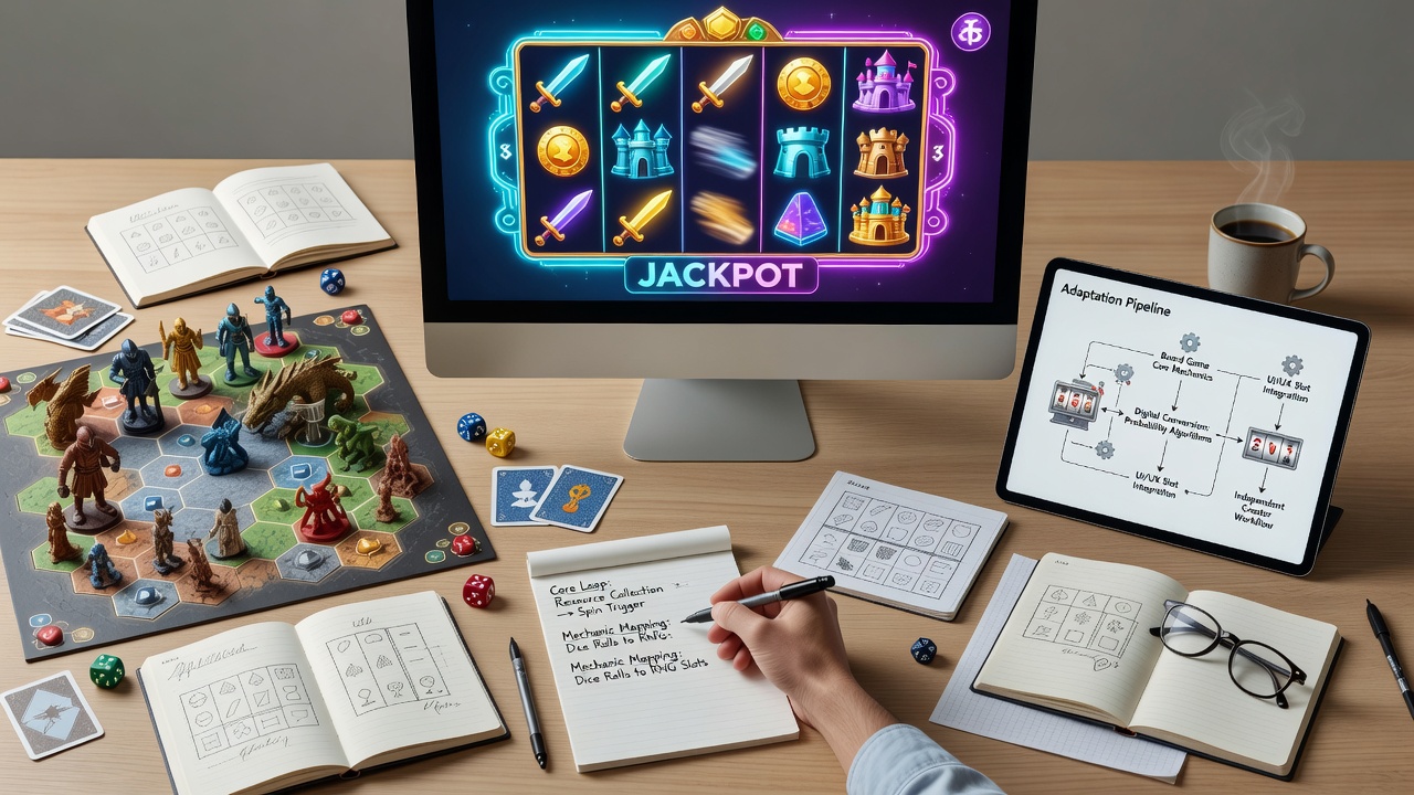 Side-by-side comparison of a physical board game board and its digital slot adaptation showing mapped bonus paths