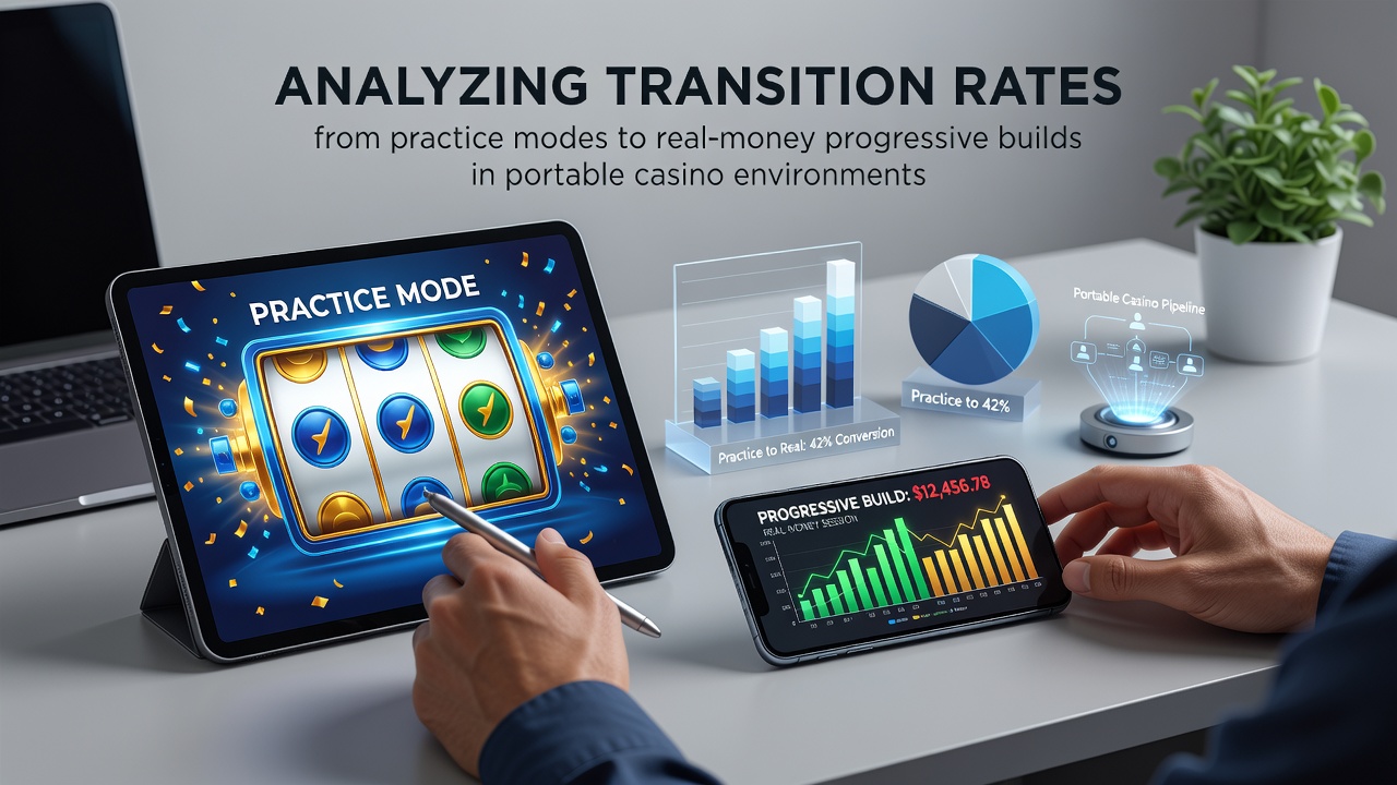 Mobile casino interface showing practice mode transitioning to real-money progressive slot play on a portable device