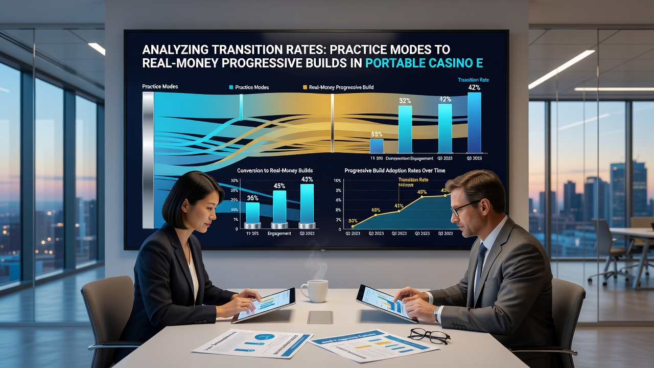 Analytics dashboard displaying transition rate statistics between practice and real-money modes in mobile casino environments