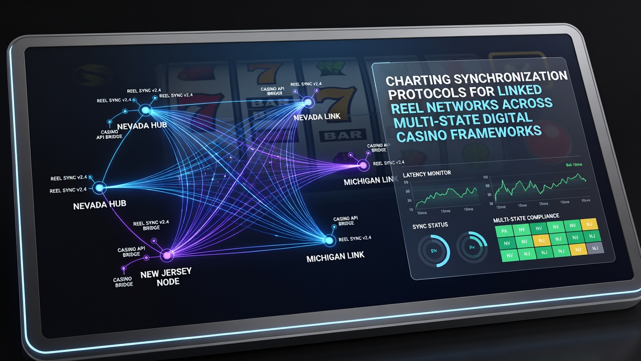 Technical diagram showing data synchronization across linked reel networks in digital casino systems