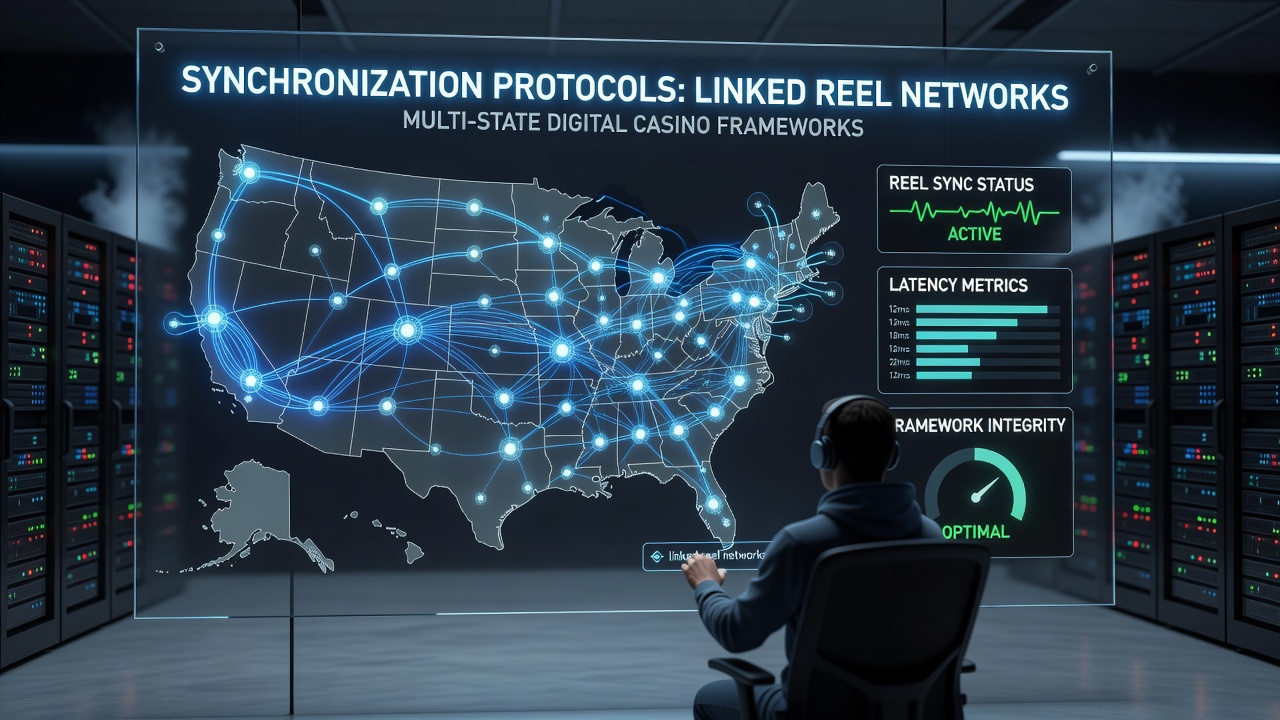Network architecture illustration of multi-state reel synchronization with regulatory checkpoints