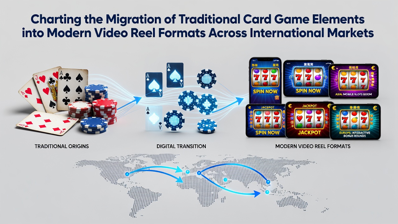 Traditional playing cards transitioning into digital reel symbols across global gaming platforms