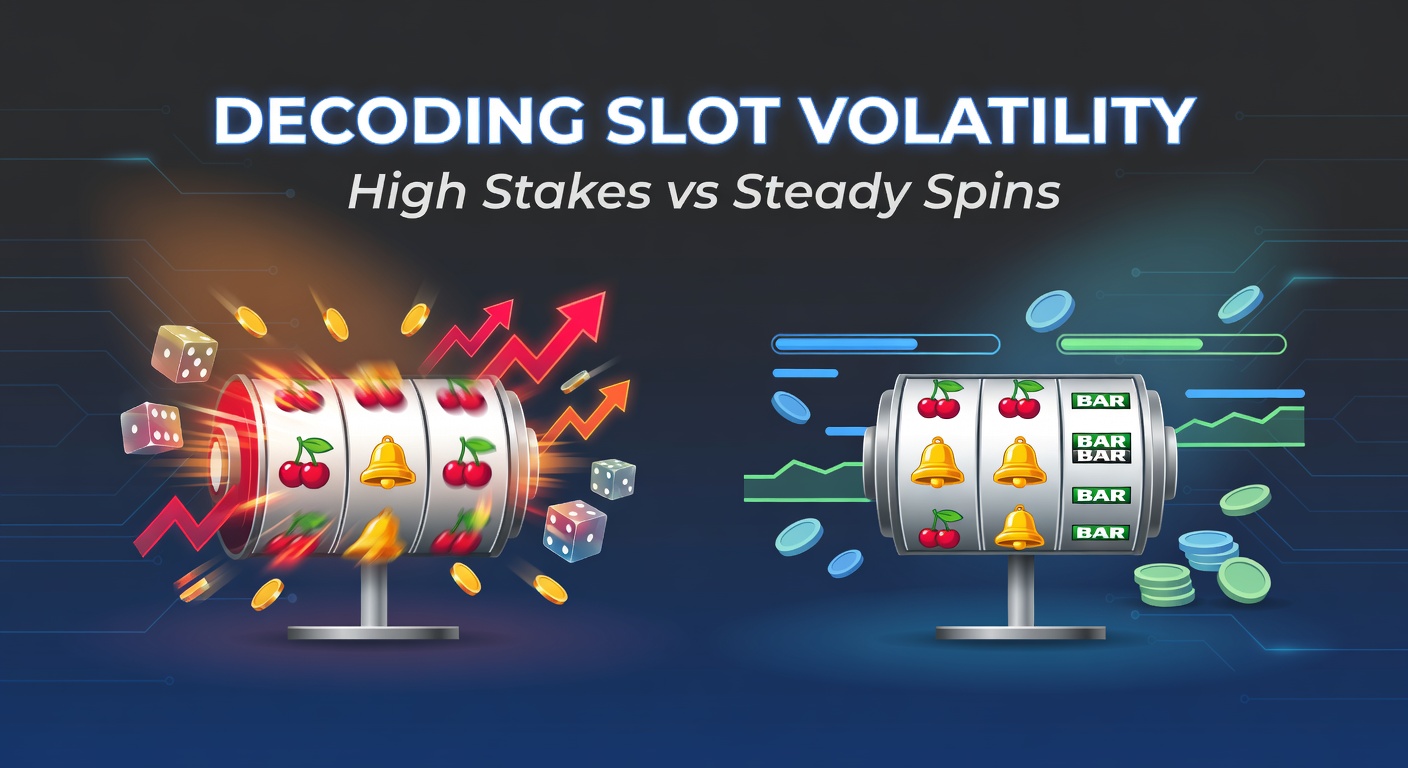 Graphic illustration showing explosive high-volatility jackpots contrasted with steady low-volatility payouts on slot reels