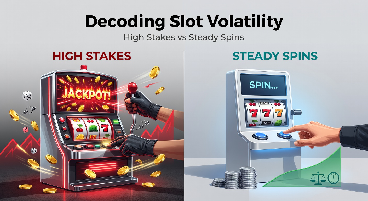 Chart comparing payout distributions in high-volatility versus low-volatility slots, with graphs showing win frequency and size variance
