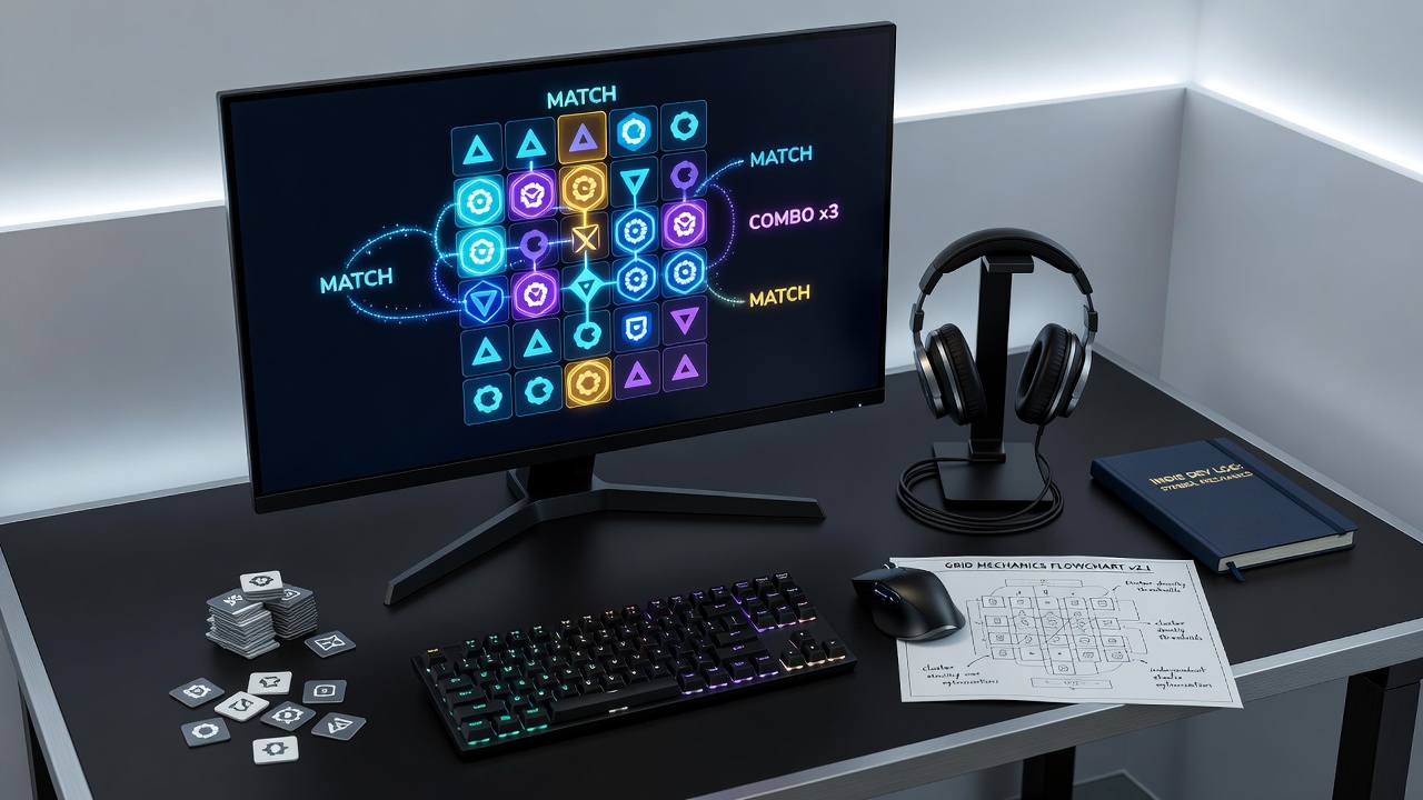 Developers reviewing cluster formation patterns on multiple test grids during an indie studio session