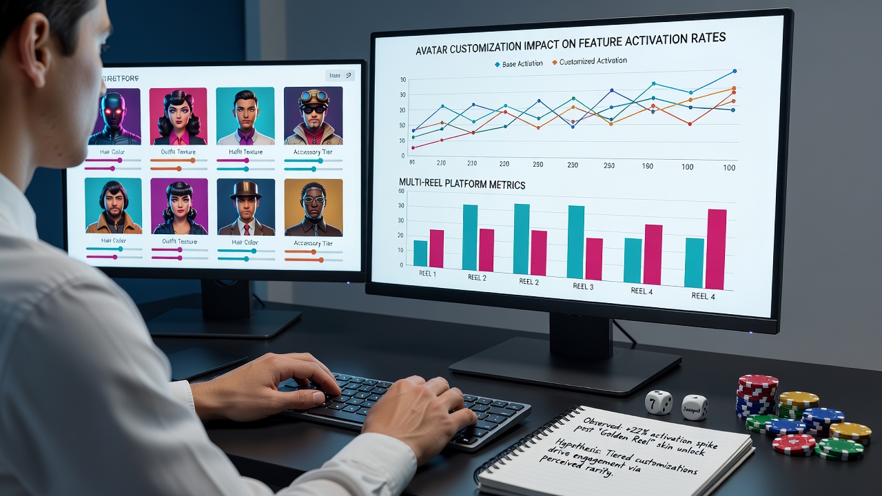 Data visualization charts displaying avatar customization metrics alongside feature activation statistics in casino platforms