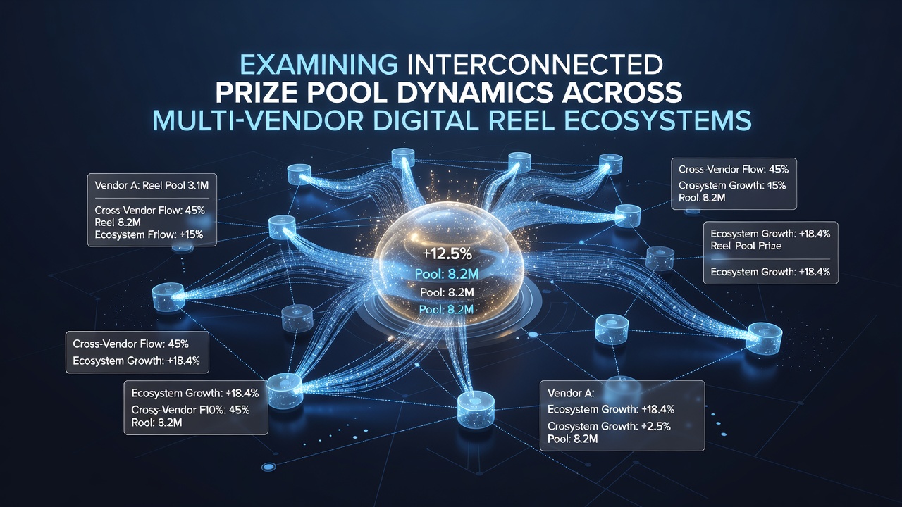 Network diagram showing interconnected prize pools across multiple digital reel vendors and platforms
