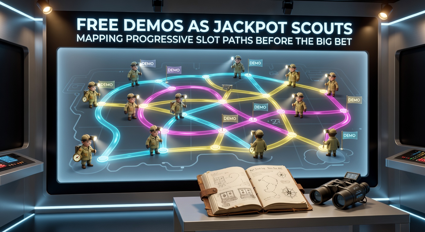 Slot machine demo interface showing progressive jackpot meter and spinning reels on a digital screen, highlighting free play options