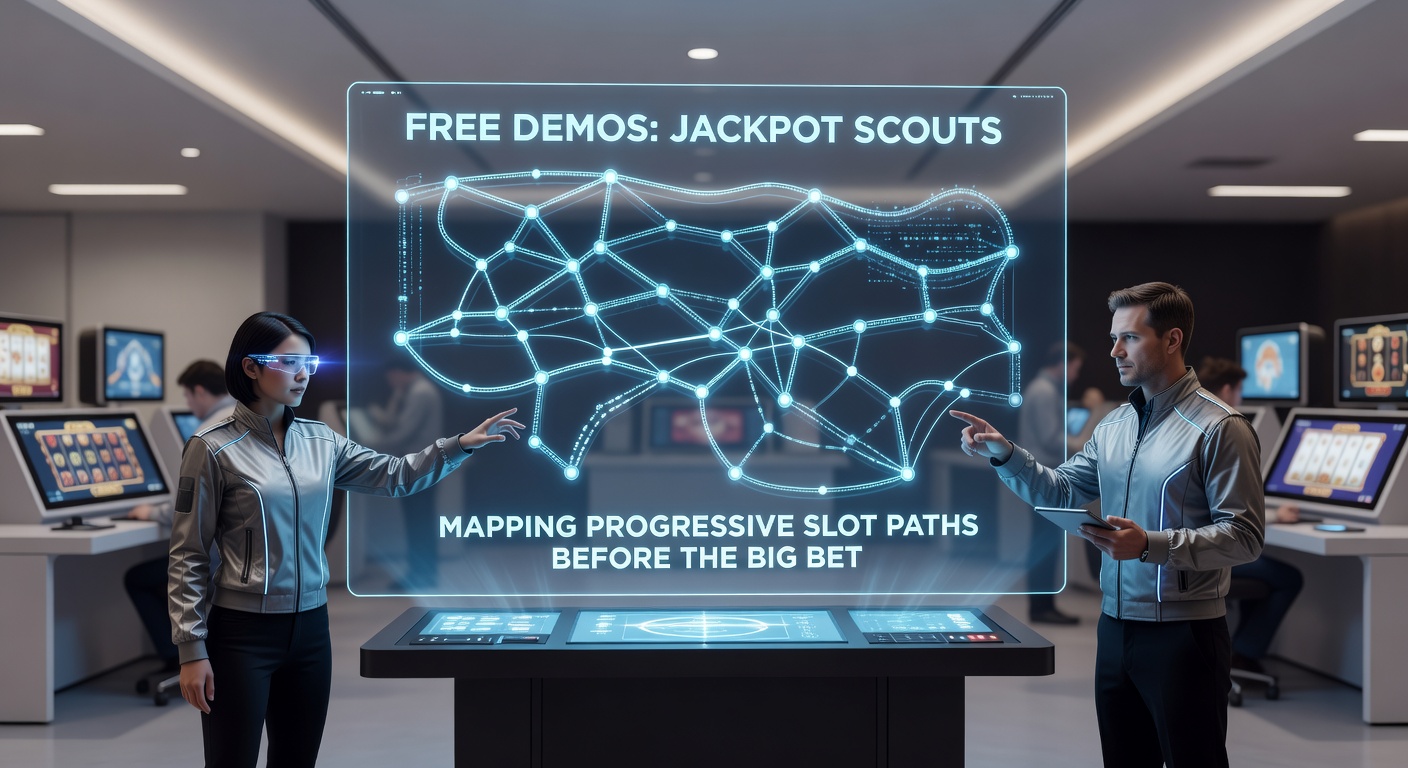 Player analyzing slot demo results on a laptop, with charts showing spin data, jackpot paths, and payout frequencies overlaid on a casino-themed background