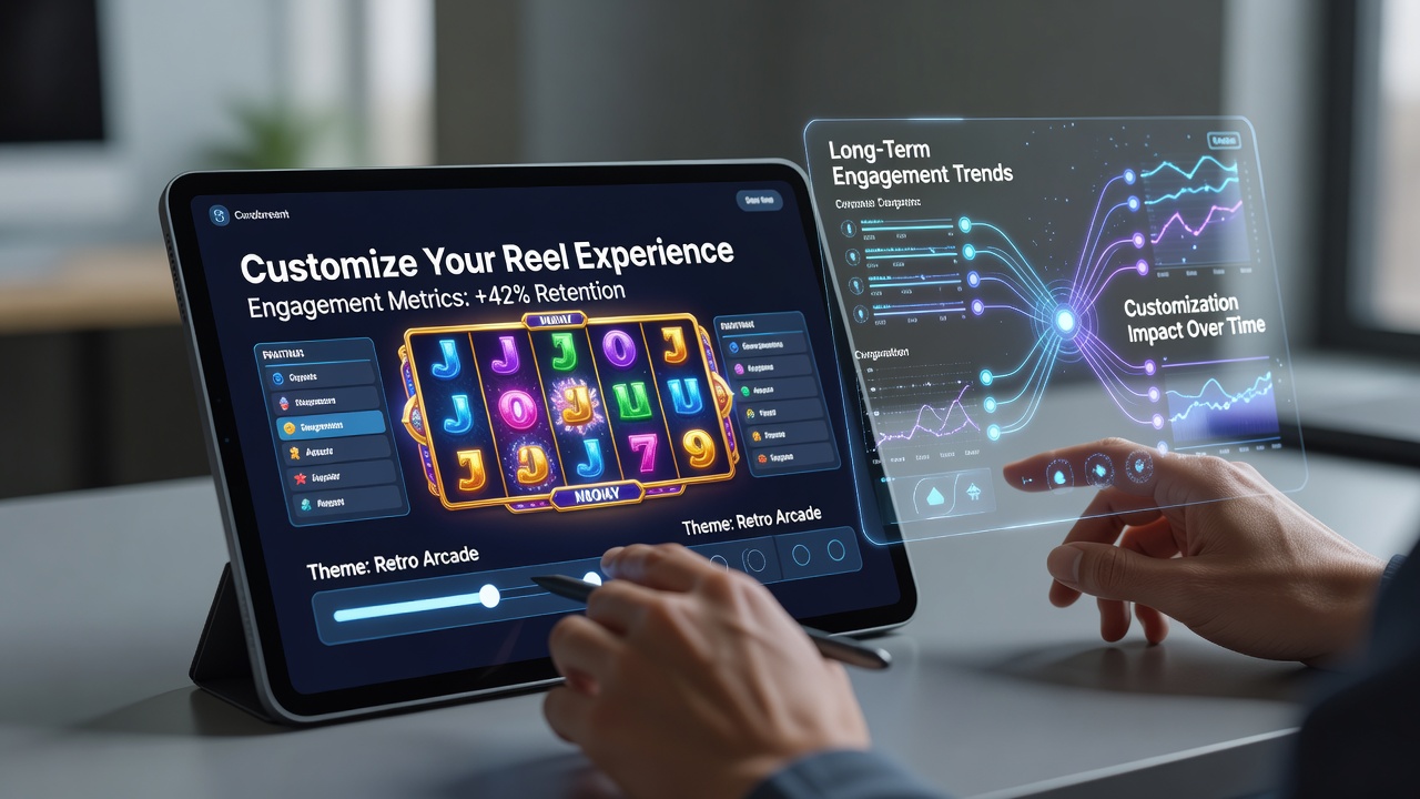 Mobile reel gaming interface showing customizable controls and themes on a smartphone screen