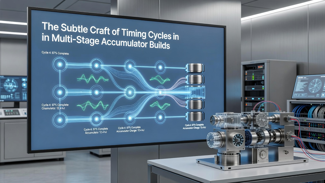 Hydraulic accumulator system diagram showing multi-stage timing cycles in industrial machinery