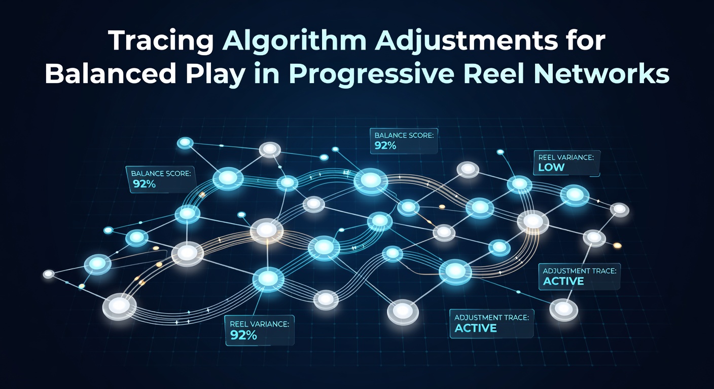 Diagram showing interconnected progressive reel networks with algorithm flow indicators and balance metrics overlaid on slot machine interfaces